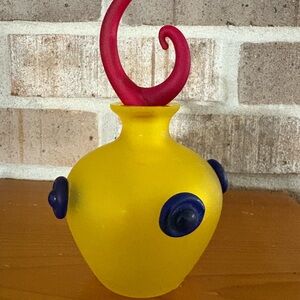 Vintage Yellow Glass Perfume Bottle with Red and Blue Accents